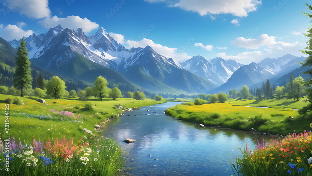 Harmonious Convergence, Majestic Mountains, Lush Meadows, and Crystal Clear Waters in a Serene Valley