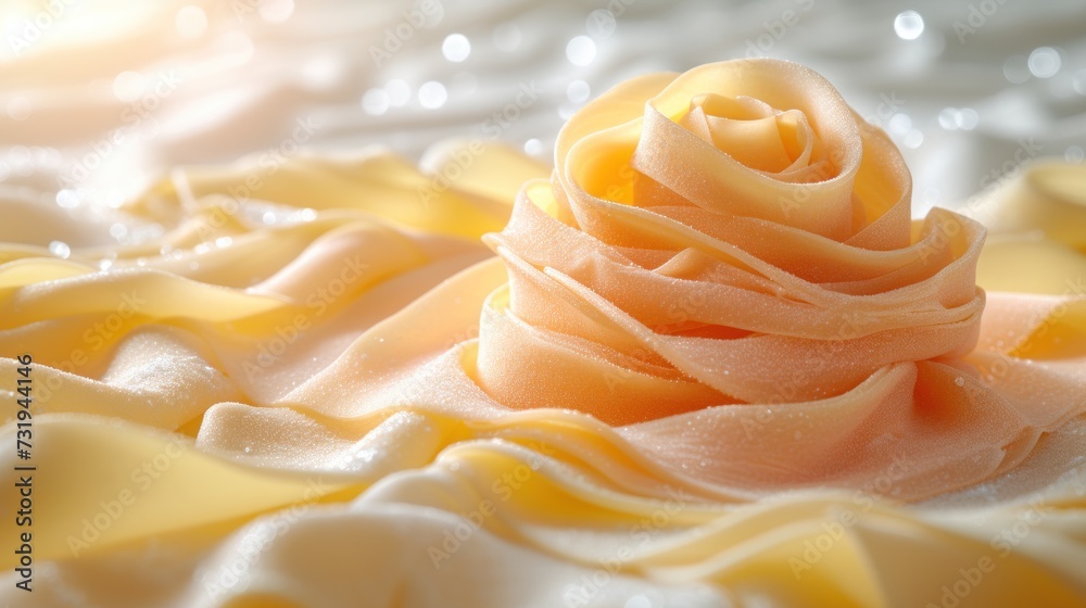 a close up of a cake with icing and a rose in the middle of the frosted icing. a close up of a cake with icing and a rose in the middle of the frosted icing.