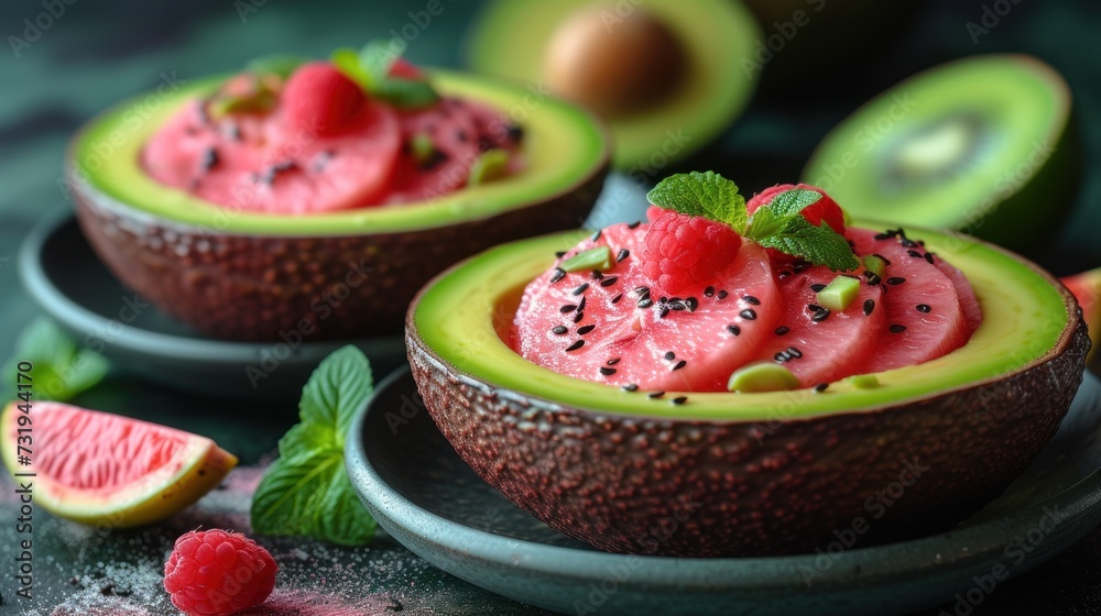 a close up of a plate of food with avocado and raspberries on the side of the plate.