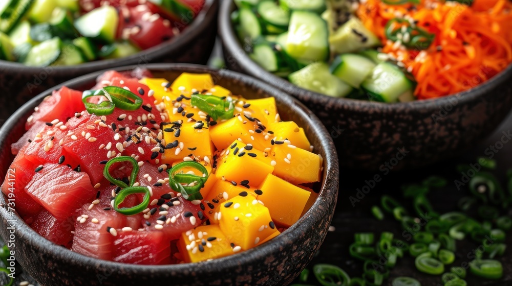 a close up of three bowls of food with veggies and sesame seeds on the side of the bowls.