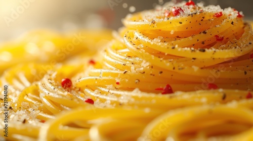 a close up of a pasta dish with sauce and seasoning on the top of the noodles and on the bottom of the noodles. photo