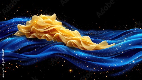 a piece of art that looks like a wave of blue and yellow fabric with gold stars on a black background. photo