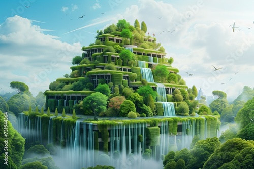 Illustration of an eco-friendly futuristic building covered in verdant greenery  shrubs  and trees. Cascading waterfalls flow from one level to the next. Concept of environmental utopia.