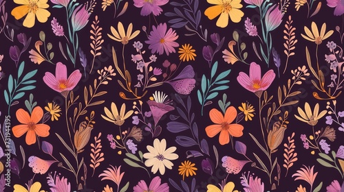 flower, doodle, seamless pattern isolated on purple background. Generative Ai
