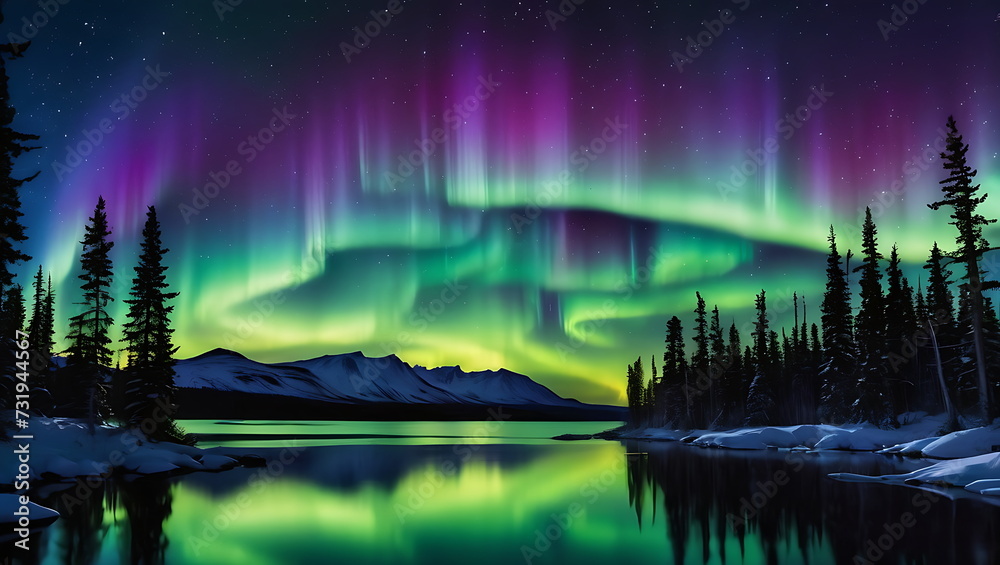 A stunning panorama of the snow and the mountains, illuminated by the dancing Northern Lights.