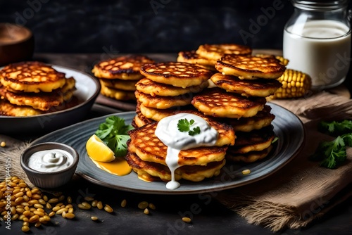 A stack of golden brown corn fritters topped with sour cream