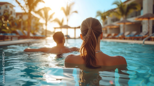 Hotel guests enjoying resort amenities in the pool, portraying relaxation and the leisurely experience offered by the hospitality industry photo