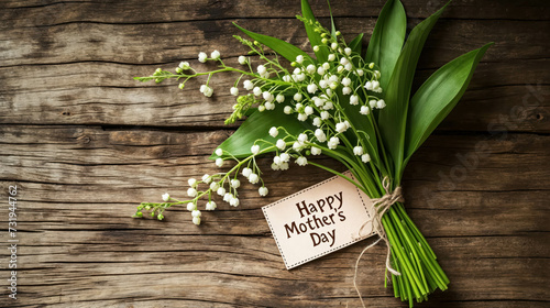 Mother s Day Card Greeting With Text  Happy Mother s Day  with Lily Of The Valley Blooms Against A Wooden Background. Mother s Day Background And Festive Mother Banner