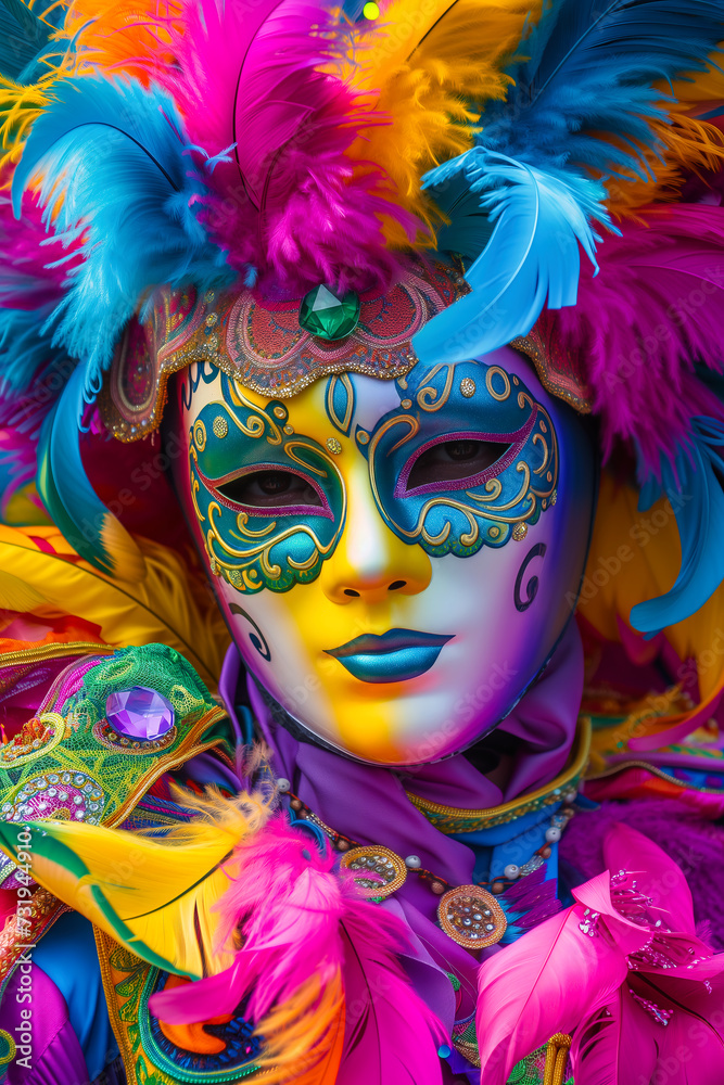 Beautiful colorful carnival mask at the Venice Carnival in Italy.
