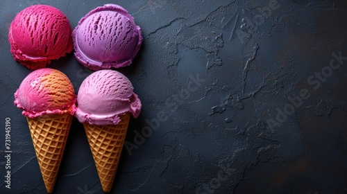 three scoops of ice cream sit in a row on a black surface with a gray wall in the background. photo