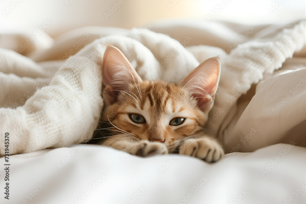 Don Sphinx kitten looking at camera and licking his paw lying on a white pillow under a blanket