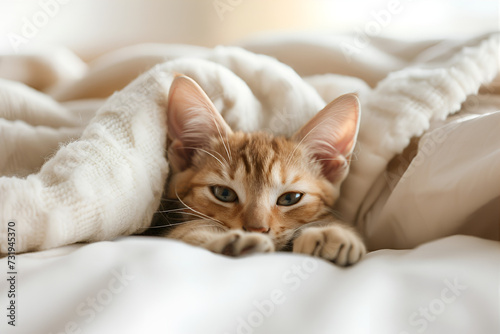 Don Sphinx kitten looking at camera and licking his paw lying on a white pillow under a blanket
