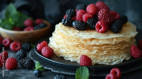 a close up of a cake on a plate with raspberries and raspberries on top of it.