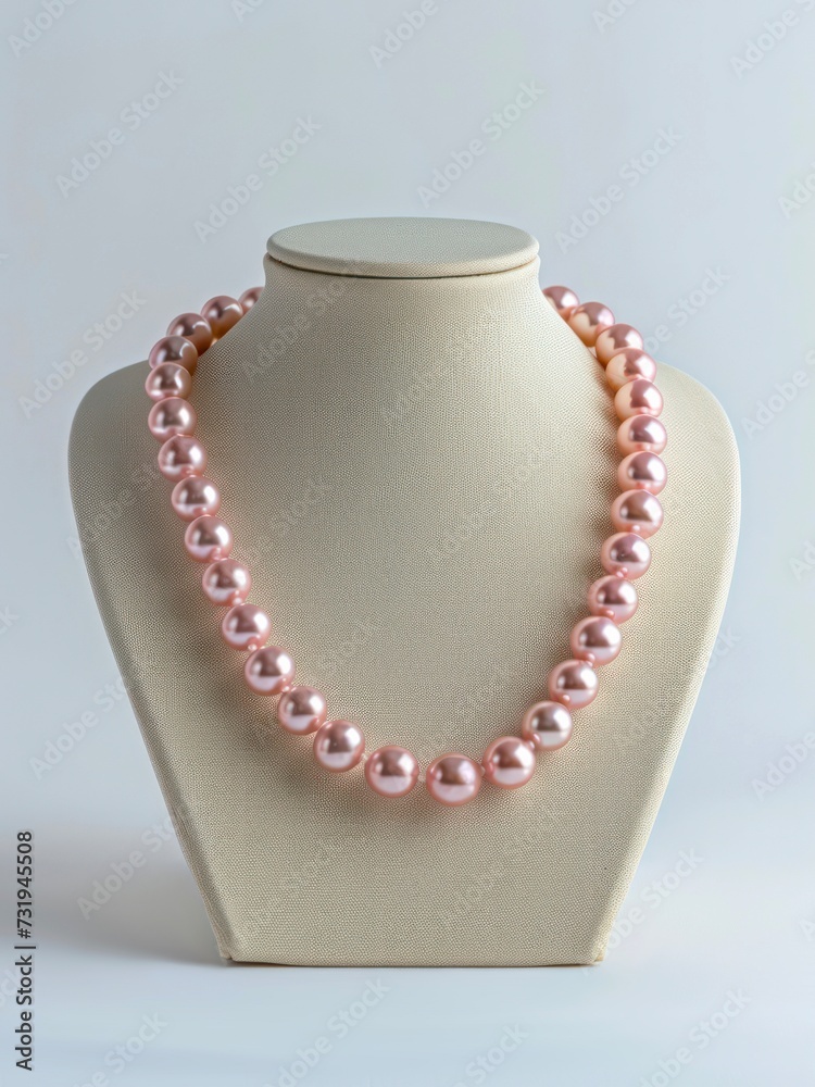 Necklace with pink pearls on necklace display. Necklace with pink pearls on necklace display.