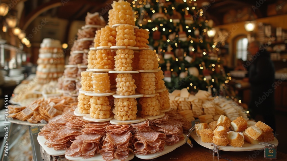 a christmas tree made out of corn on the cob and other foods on a table with a christmas tree in the background. a christmas tree made out of corn on the cob and other foods on a table with a christmas tree in the background.