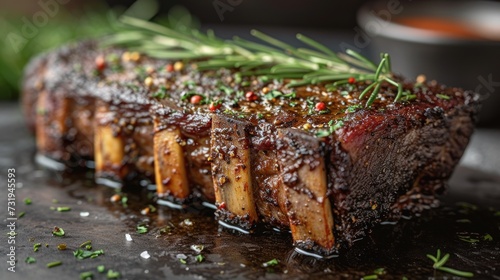 a piece of meat with a sprig of rosemary on top of it on a black surface with a bowl of sauce in the background.