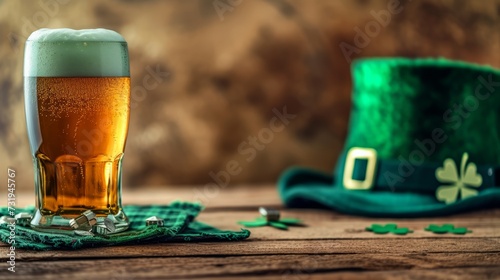 Glass of delicious beer with green leprechaun hat, st. patrick's day celebration	

