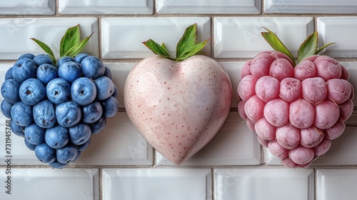 three fruit shaped like a heart and a heart shaped like a strawberry and a blueberry on a white tile wall. photo