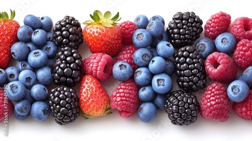 berries, raspberries, blueberries, and strawberries are arranged in a row on a white background. photo