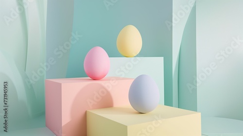 Pastel Easter eggs on rectangular stands against mint background. Easter celebration concept.