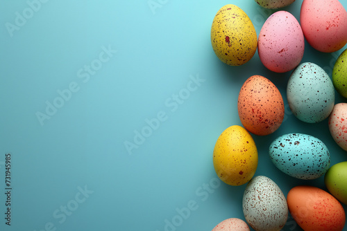 Vibrantly colored Easter eggs set against a serene blue background