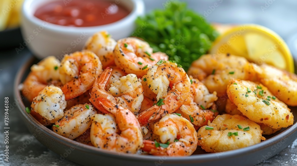 a bowl filled with shrimp and garnished with parsley next to a bowl of ketchup and lemon wedges. a bowl filled with shrimp and garnished with parsley next to a bowl of ketchup and lemon wedges.