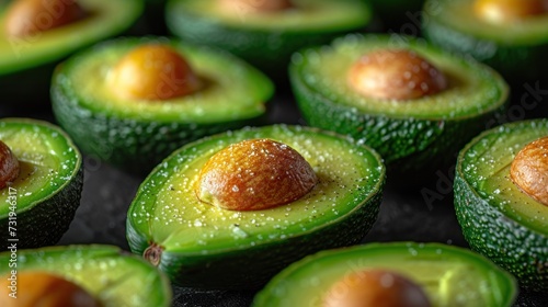 a group of sliced avocados sitting on top of a black surface with drops of water on top of them. photo