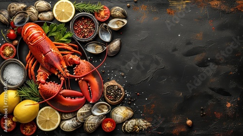 a lobster, clams, lemons, and other foods are arranged on a black background with space for text.