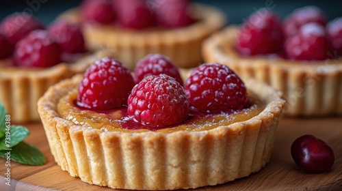 a close up of a tart with raspberries on top and a mint on the side of the tart.