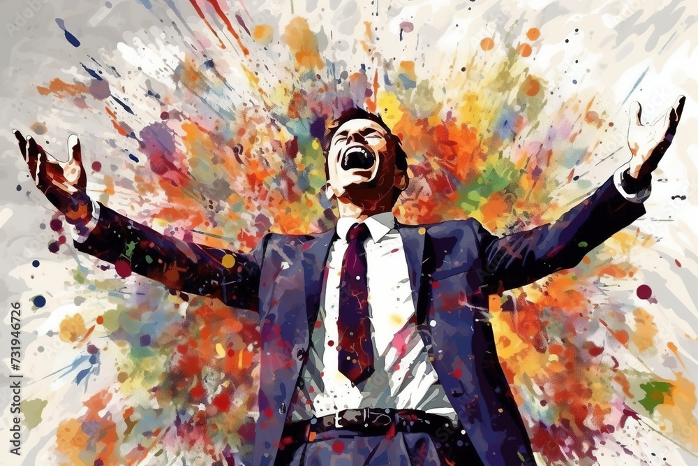 Fototapeta premium A young, attractive man in a business suit with outstretched arms and a cheerful smile, success in business. Illustration, abstract style