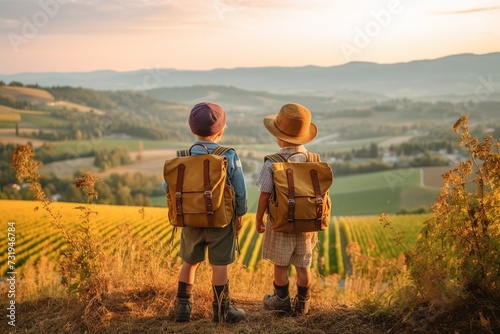 Two boys with backpacks on their shoulders against the background of a wide valley with different vegetation