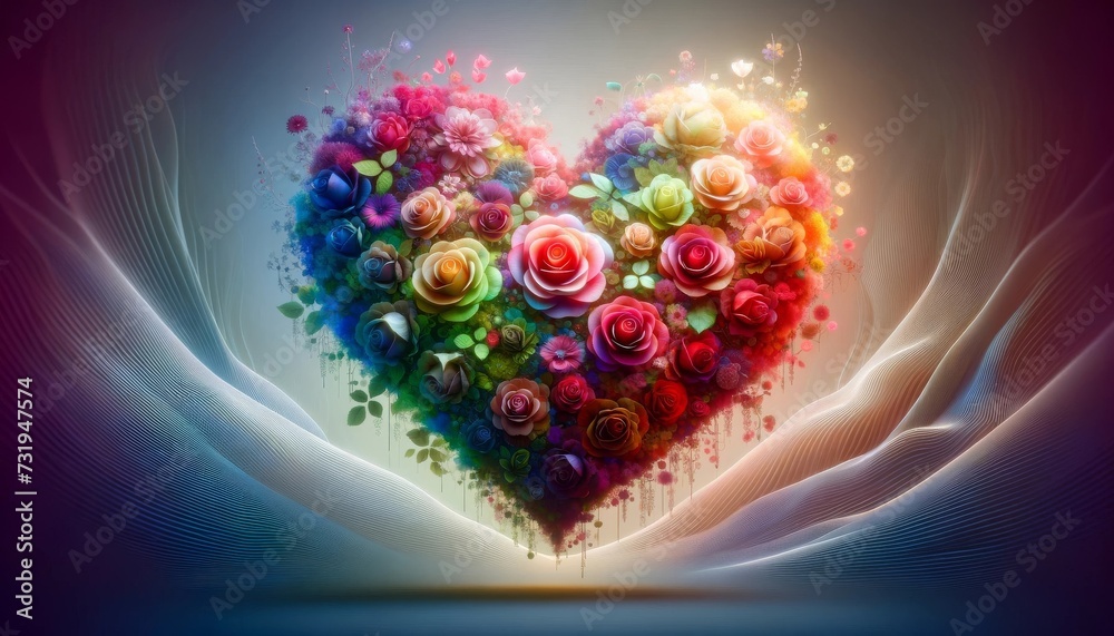 Luminous Floral Heart with Volumetric Lighting and Ethereal Mescaline Background - obrazy, fototapety, plakaty 