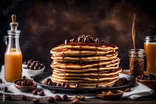 A stack of fluffy chocolate chip pancakes with a cascade of maple syrup.
