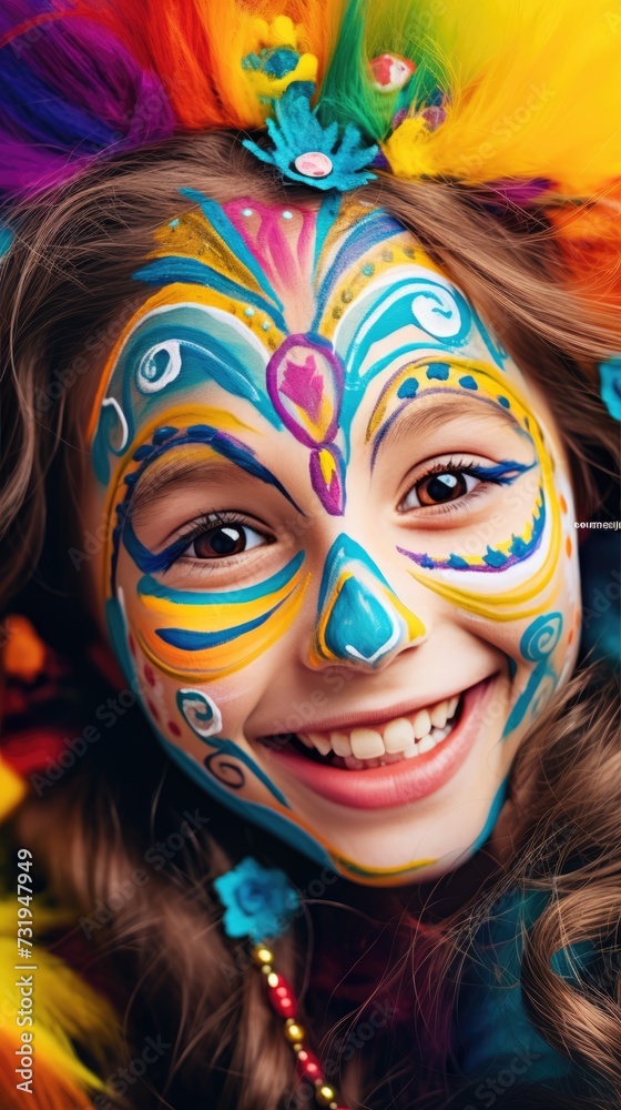 A joyful child with face painted in vibrant colors, adorned with a multicolored feather headdress, exuding the festive spirit of a carnival or cultural celebration.