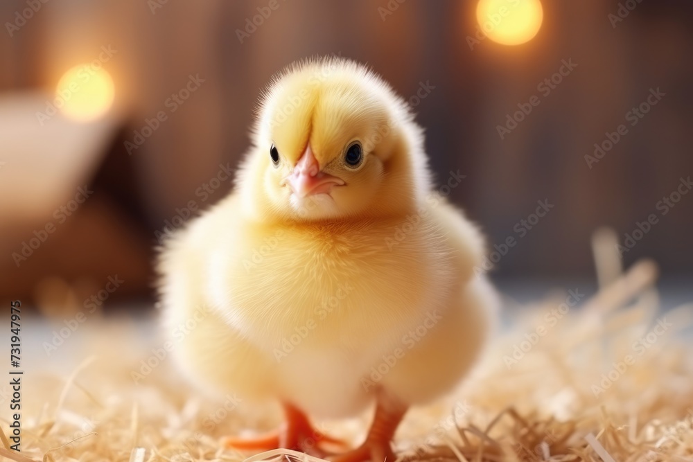Close-up of a fluffy chick against a warm backdrop with soft lighting, emphasizing the softness and delicate nature of young farm life.