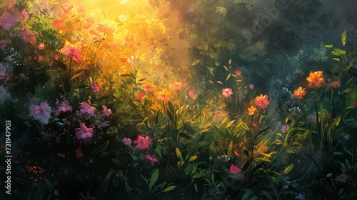 A lush, impressionistic garden at sunrise, with thick, vibrant brush strokes and explosion of colors from the blooming flowers. Oil painting. 