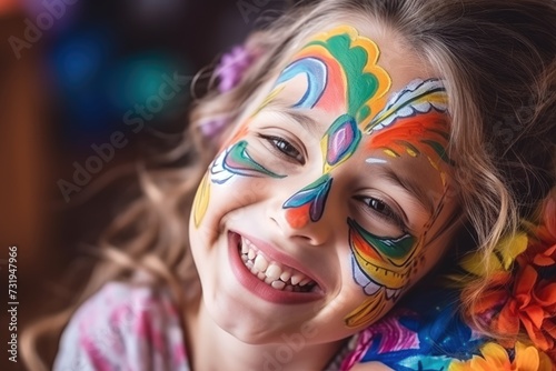 A cheerful girl with curly hair, face painted with whimsical designs, smiles widely, conveying joy and the playful spirit of childhood festivities.