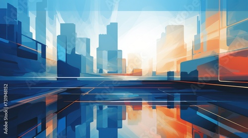 This illustration portrays an abstract  futuristic cityscape with pronounced geometric forms  reflecting into a glassy surface  set against a soft  warm sky transitioning from day to night.