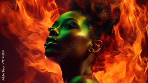 Fiery Silhouette of African Woman Profile. An African woman's profile against dynamic flames.