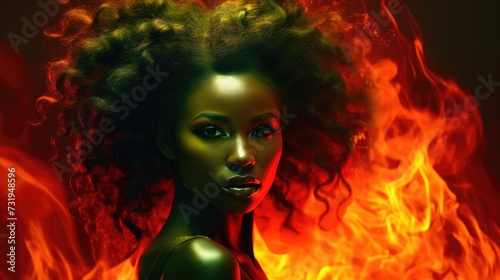 Emerald Fire Queen with Regal Bearing. Regal African woman, emerald light casting fiery shadows.
