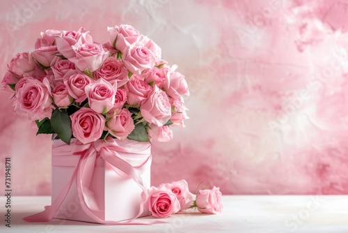 pink roses in a white vase with a pink ribbon