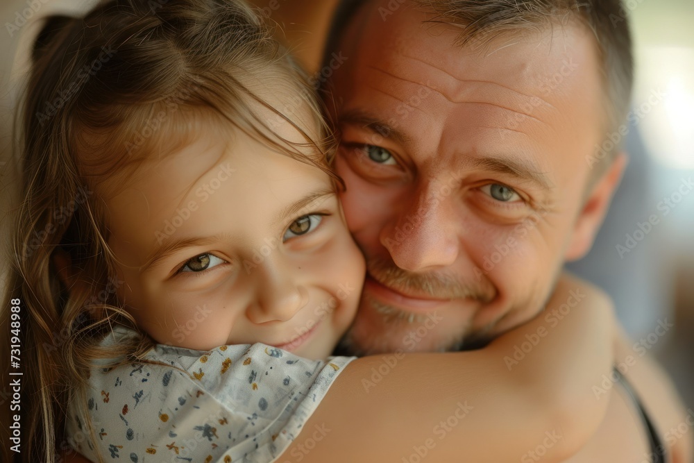 Father's day. Happy family daughter hugging dad and laughs on holiday Father's day. Happy family daughter hugging dad and laughs on holiday