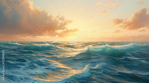 A serene seascape at dusk. Oil painting. 