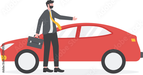 Car in hand, product presentation. Businessman offer Assets on ready to doing ok gesture with thumbs up.
