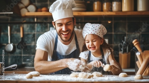 A joyful moment unfolds in the family kitchen as a father and daughter share happiness together 