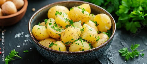 A dish of cooked potatoes with parsley, a delicious recipe showcasing the use of root vegetables and fresh produce on a table.