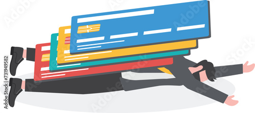 Credit card debt, overspending, financial problem credit loan trouble or default concept, pile of credit cards with a lot of weight over depressed broke salary man who overspend in online shopping.

