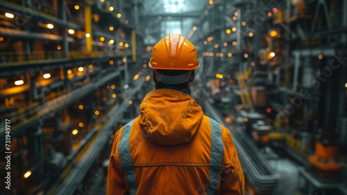 back of the head mid shot of male steel working wearing orange hat standing in the middle of a modern and clean steel plant generative ai