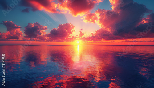 Beautiful sunset at sea and dramatic clouds on background, generative ai. © LomaPari2021