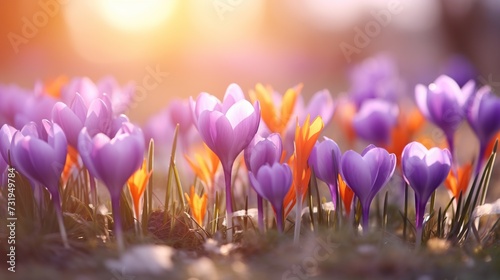Beautiful first flowers of purple crocus growth at the meadow with smooth bokeh sun light for spring concept background.